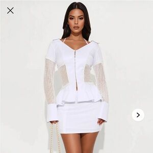 White Top and mini skirt set with Mesh Sleeves Sz XL nwt